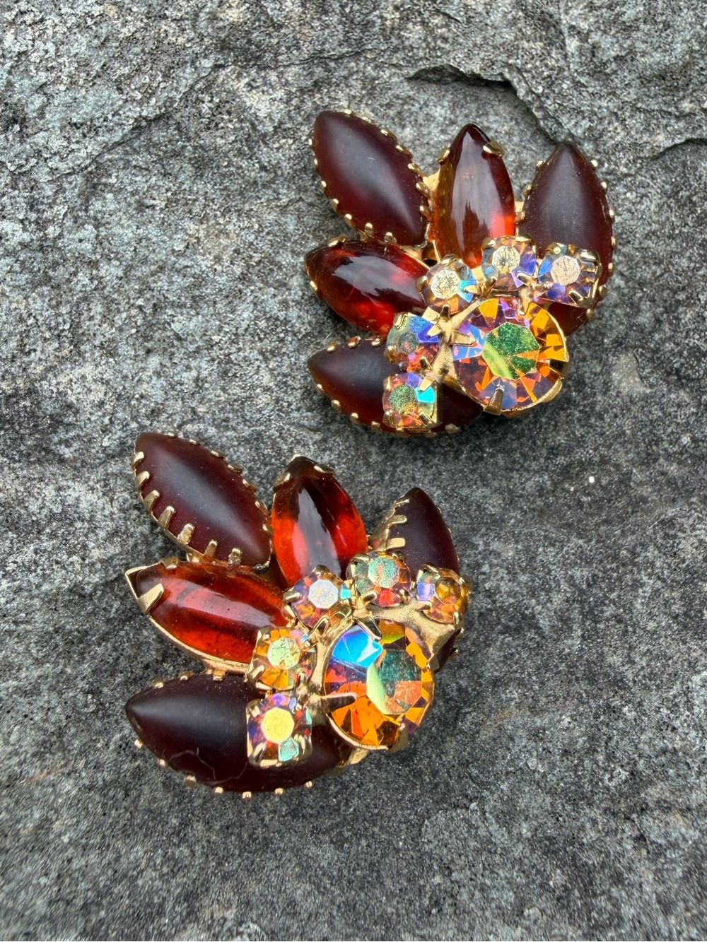 Vintage Amber Glass AB Crystal Clip-On Earrings